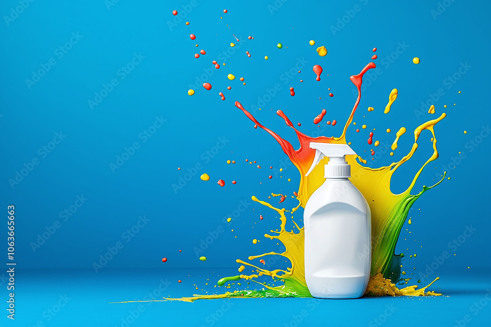 Poster white detergent bottle with colorful paint splashes around it, creating vibrant scene