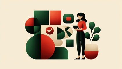 Abstract illustration of a woman with geometric shapes and a plant.