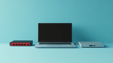 Modern Workspace with Laptop and Network Devices