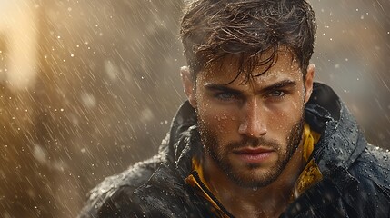 Fototapeta premium A determined athlete training in the rain, pushing through physical exhaustion. The droplets falling around him capture the struggle and commitment needed to succeed, with a blurred cityscape 