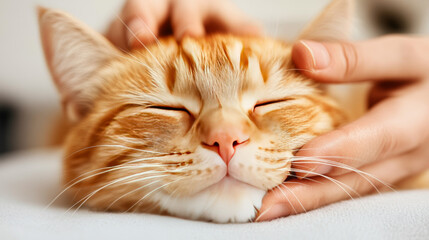 A ginger cat enjoys being petted by a human hand.