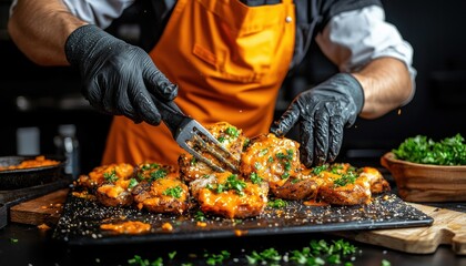 Chef serves delicious grilled meat with fresh herbs on a dark serving plate.