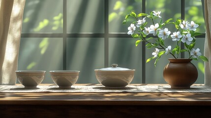 white flowers in a vase by the window, illuminated by sunlight reflections