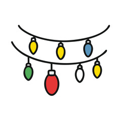  Colorful Christmas lights illustration in strings, Illustration of colorful Christmas lights hanging in strings, symbolizing festive holiday decoration, celebration, and seasonal cheer.