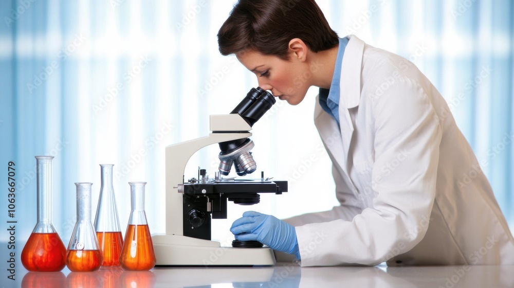 Poster scientist using microscope for research in laboratory