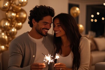 A couple enjoys a magical moment together, playing with sparklers surrounded by a vibrant sea of golden and silver balloons in a warm and festive environment.