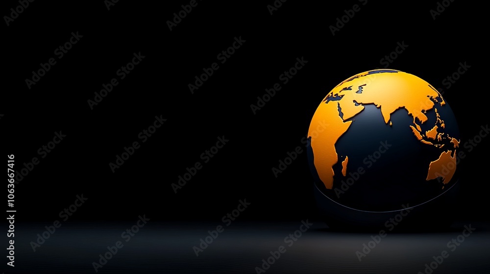 Poster global connections in the dark: a stylized 3d rendering of a dark globe, illuminated with warm orang