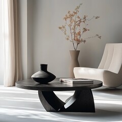 Coffee table with vase and figure near armchair on white background