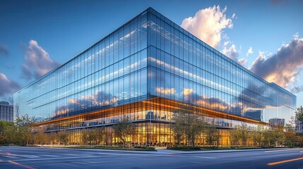 Obraz premium modern glass office building reflecting clouds and sunlight creating a striking visual between nature and civilization with an empty street emphasizing urban tranquility