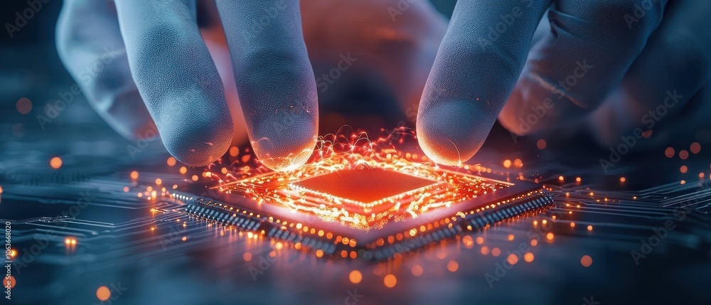 Aufkleber close-up of hands interacting with a glowing microchip in a dark setting.