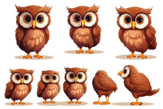  Cute cartoon owl character on transparent background