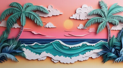 Obraz premium Tropical Paper Cutout Landscape in Bright Colors