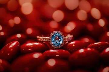 Elegant sapphire ring nestled glossy red beads