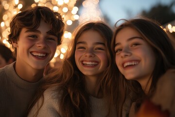 Obraz premium A group of happy teenagers enjoying a festive celebration, capturing the essence of youthful exuberance under the glow of decorative seasonal lights and sparklers.