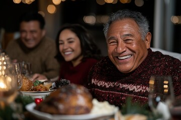 A beaming elderly man in a cozy sweater sits at a festive holiday dinner table, surrounded by family, exuding warmth and happiness amid good food and company.
