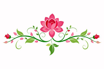 Elegant Floral Divider with Pink Flower and Green Leaves for Decorative Designs. Abstract Background.