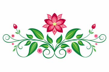 Elegant Floral Divider with Pink Flower and Green Leaves for Decorative Designs. Abstract Background.