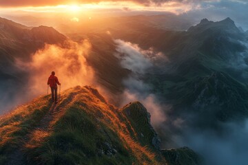Solo Hiking in the Mountains at Sunset with Fog