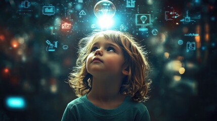 Young child with a bright light bulb above, surrounded by digital and technological symbols icons 