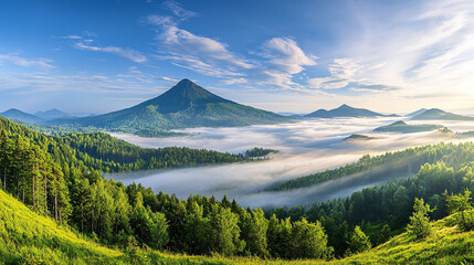 Naklejka premium Soft sunlight on misty mountain landscape, tranquil and serene