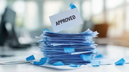 Approved documents stacked on a desk, with a clear focus on the approval notice.