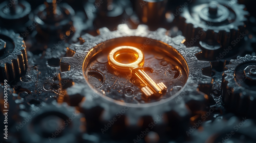 Poster golden key on mechanism with gears