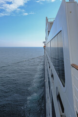 Breathtaking panoramic ocean views from outdoor deck of legendary ocean liner cruiseship cruise ship Queen Mary 2 during transatlantic crossing with sunset