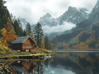 Fototapeta premium Cozy cabin by a mountain lake with scenic forest view.