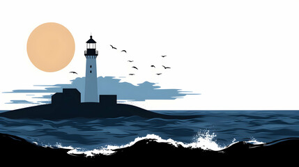 Lighthouse Illustration with Waves and Seagulls