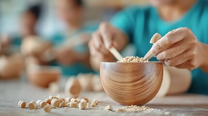 The timeless art of woodworking on full display, with a group of skilled craftsmen working diligently in the background, creating beautiful wooden pieces that will stand the test of time.