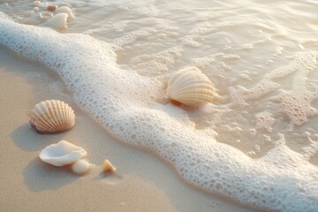 Seashells on Sandy Beach with Foamy Waves and Sunlight