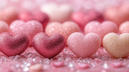 Fototapeta premium A vibrant assortment of heart-shaped candies in shades of pink and red rests on a soft pink backdrop. These sugary treats create a festive atmosphere, ideal for romantic occasions and special celebrat