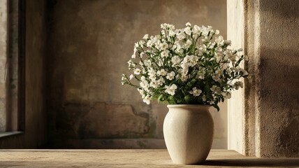 A serene still life featuring a vase with white flowers against a rustic background, evoking a sense of calm and natural beauty.