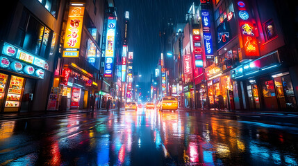 Obraz premium Rainy Night Cityscape with Neon Lights - Illustration