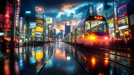 Fototapeta premium Rainy Night Cityscape with Train and Neon Lights - Digital Illustration