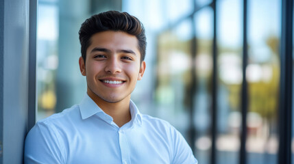 Fototapeta premium young Latino man smiles confidently while leaning against wall, showcasing modern and professional atmosphere. His cheerful expression reflects positivity and approachability