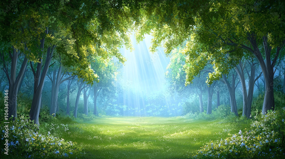 Poster enchanting forest with beams of light filtering through trees, creating serene atmosphere