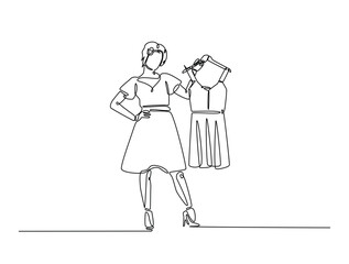 Continuous one line drawing of woman holding clothes on hangers. Shop assistant holding hangers with clothes single line draw vector illustration. Editable vector.