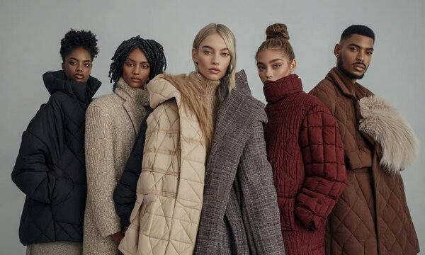 A diverse group of models showcasing a winter fashion collection, featuring layers of wool and quilted fabrics.