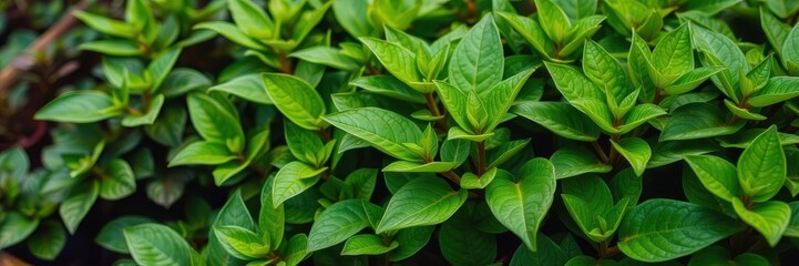 Close-up of vibrant green leaves creating a lush foliage texture, vibrant, lushness, leafy