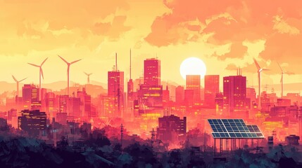 Fototapeta premium City skyline with solar panels and wind turbines.