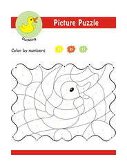 Picture puzzle and color by numbers worksheet. Coloring page for preschool kids. Learn numbers and colors. Color cute duckling, Coloring puzzle book. Educational game. 
