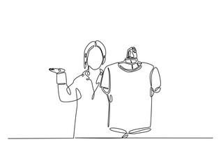 Continuous one line drawing of woman holding clothes on hangers. Shop assistant holding hangers with clothes single line draw vector illustration. Editable vector.
