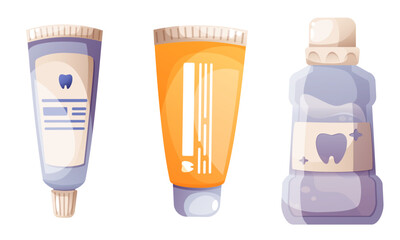 Oral hygiene set, toothpaste, tooth gel, mouthwash, mouth rinse. Oral hygiene and cleanliness. Healthy lifestyle and daily routine. Vector illustration of oral cleaning product on white background.