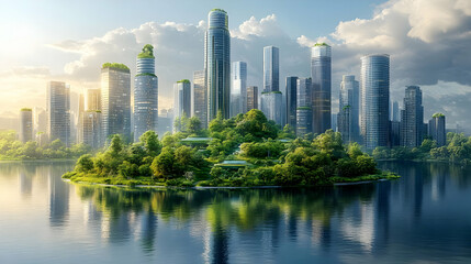Fototapeta premium Green Cityscape with Lush Island Illustration