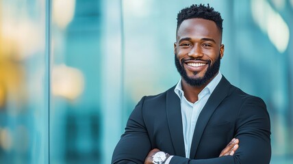 Confident businessman smiling at camera in modern office environment.