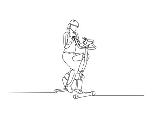 Continuous one line drawing of woman riding stationary bike. Cardio exercise using gym equipment single line draw vector illustration. Editable vector.
