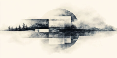 Abstract landscape with a misty forest and geometric shapes.