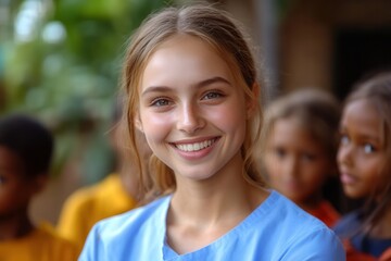 A cheerful volunteer is smiling broadly while engaging with a group of children in a lively outdoor environment. The scene radiates warmth and positivity, highlighting the joy of community interaction