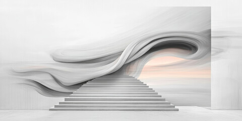 Abstract white and gray staircase leads to a swirling, ethereal opening.